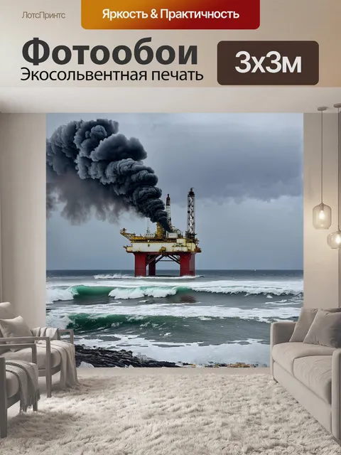 Фотообои нефтяная вышка, окружённая бурлящими морскими волнами, выглядит мощной и угрюмой под свинцовыми облаками…