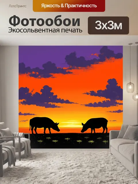 Фотообои на закате, когда дикие свиньи сеют семена, их силуэты отчетливо видны на фоне оранжевого и фиолетового неба…