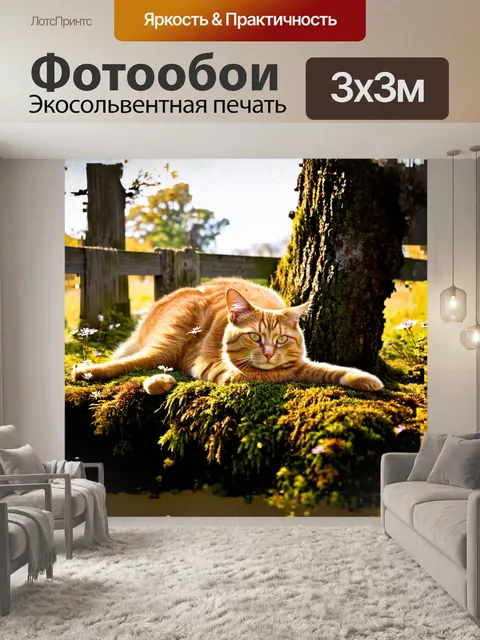Фотообои рыжий кот лениво потягивается на фоне заброшенного забора, покрытого мхом