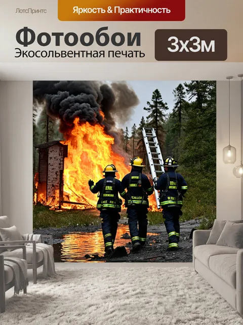 Фотообои пожарные, работающие в команде, один из них с лестницей на спине, направляющийся к горящей постройке…