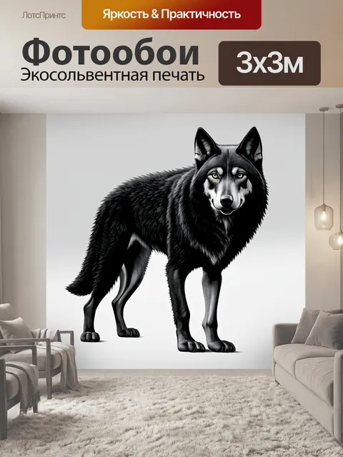 Фотообои черный с изображением черного волка, выполненные в технике фотореалистической иллюстрации