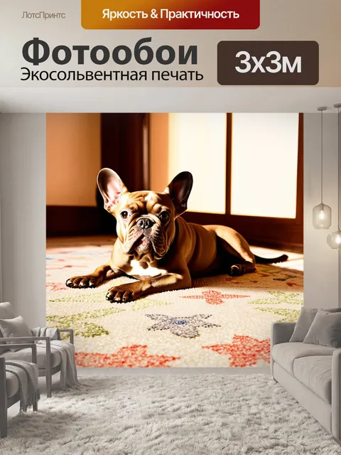 Фотообои герда, французский бульдог, лежащая на ковре в комнате, где играют мягкие цветные обзоры