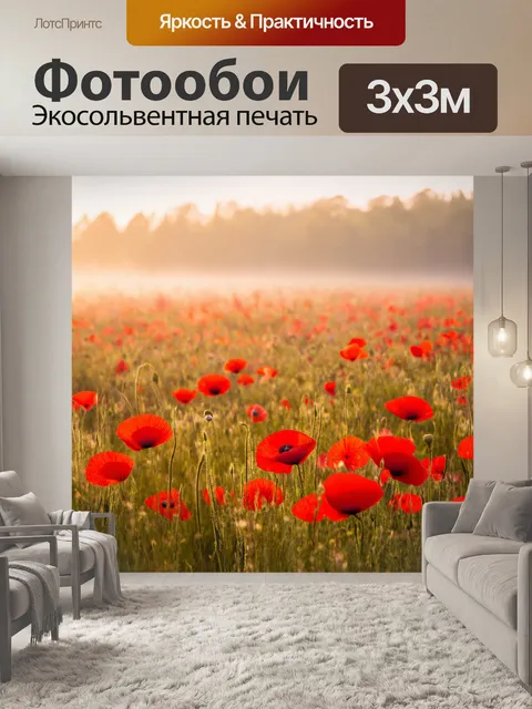 Фотообои летние поля багряных маков, покрытых утренним туманом и нежным светом