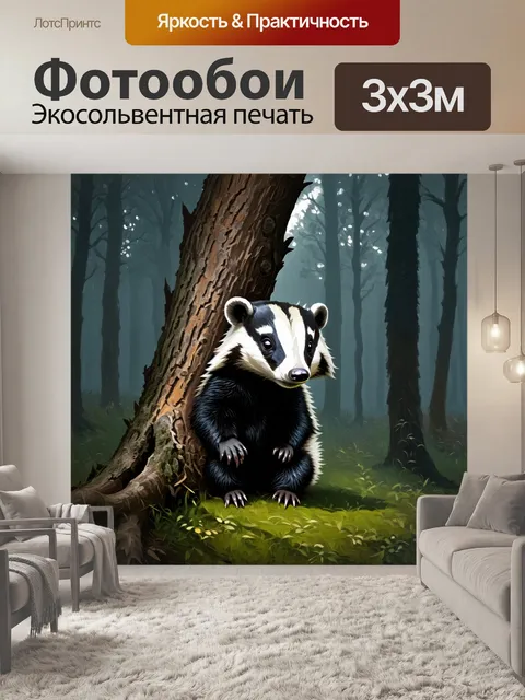 Фотообои в мрачном, туманном лесу, барсук прячется за грубой корой дерева, его глаза сверкают в полумраке