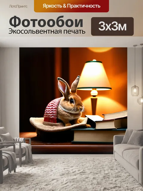 Фотообои кролик, сидящий в уютной шапке, окруженный старыми книгами и лампой, в атмосфере спокойного вечера