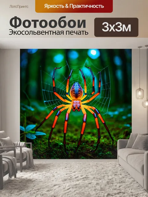 Фотообои животные в стиле неоновый, пауки с яркими паутинами в электронном лесу