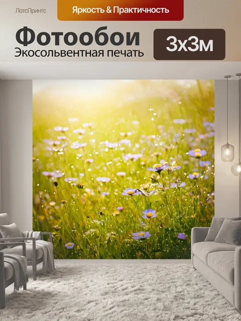 Фотообои утро: солнечное утро в долине, где дикие цветы облачены в капли росы, а птичьи голоса наполняют воздух
