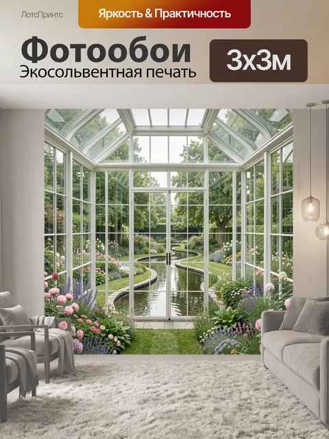 Фотообои Оранжерея с цветущим садом и каналом