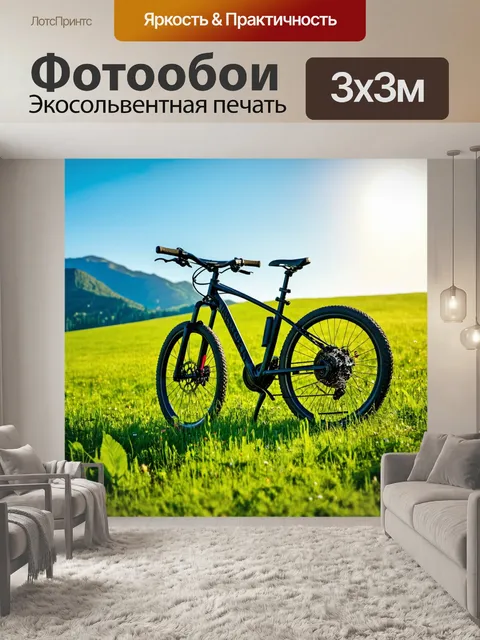 Фотообои горный велосипед на фоне зелёного луга, с широким небом и светом солнца
