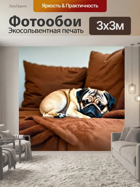 Фотообои мопс, уютно спящий на диване, мягкий плед, спокойная атмосфера