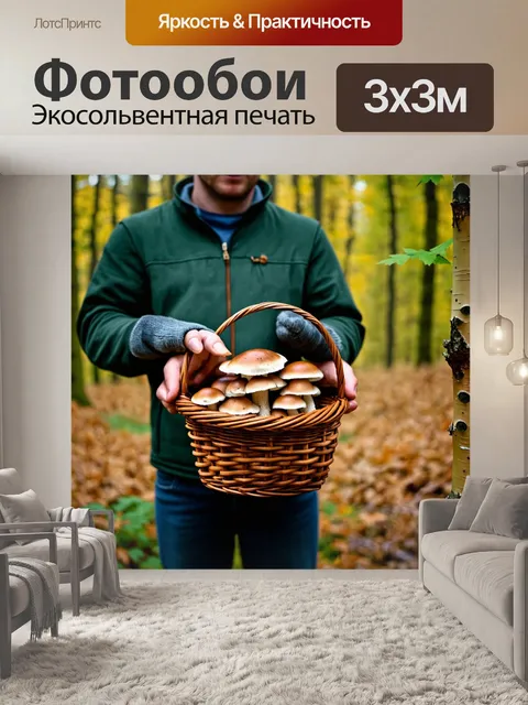 Фотообои грибы грибник с корзиной в руках