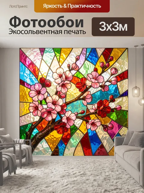 Фотообои Витражное изображение ветки цветущей сакуры с розовыми и красными цветами на фоне разноцветных абстрактных…