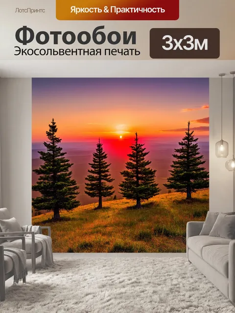 Фотообои сосны на склоне холма, с видом на бескрайнюю равнину и огненно-красные закаты, создающие волшебное настроение