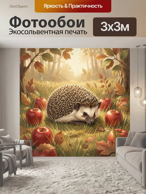 Фотообои Ёжик среди яблок в осеннем лесу