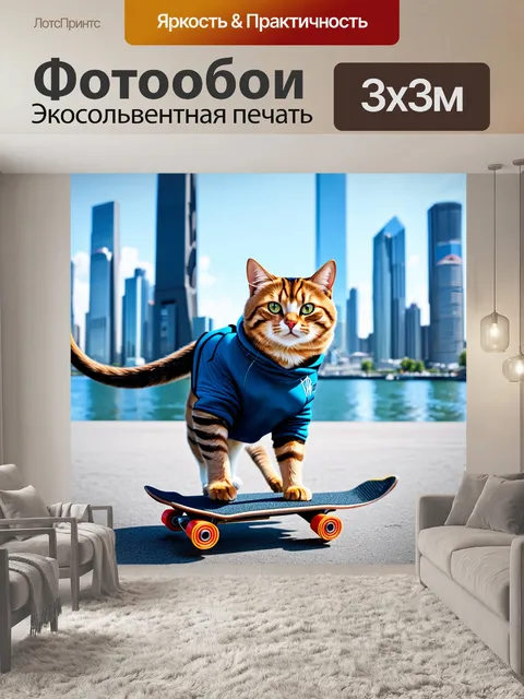 Фотообои кот в спортивной форме катается на скейтборде по городской набережной