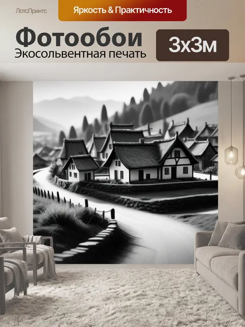 Фотообои пейзаж с видом деревни чернобелый