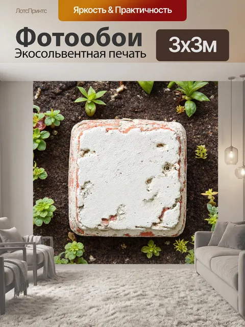 Фотообои кирпичик, стилизованный под старинные предметы, с побеленной поверхностью и мелкими растениями, растущими…