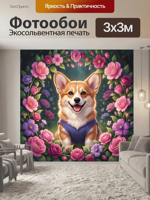 Фотообои Улыбающийся корги в цветочном венке