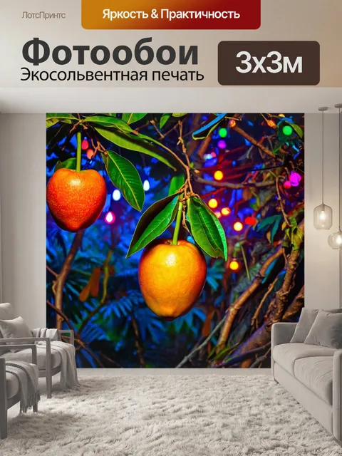 Фотообои джунгли в стиле ретро, где экзотические фрукты висят на ветвях деревьев в окружении цветных огней