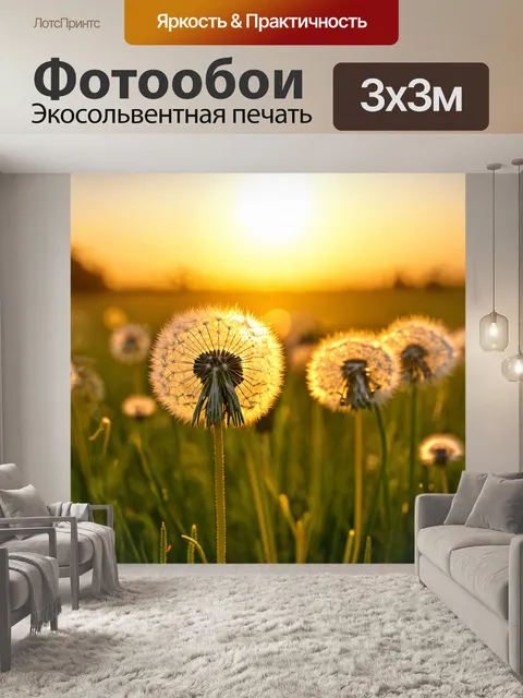 Фотообои мечтательный пейзаж с одуванчиками на фоне заката