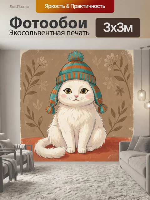 Фотообои Белый кот в зимней шапке