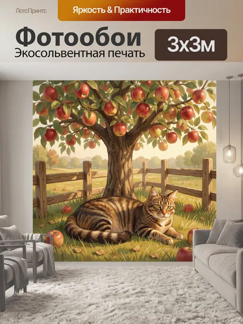 Фотообои Кот под яблоней в саду