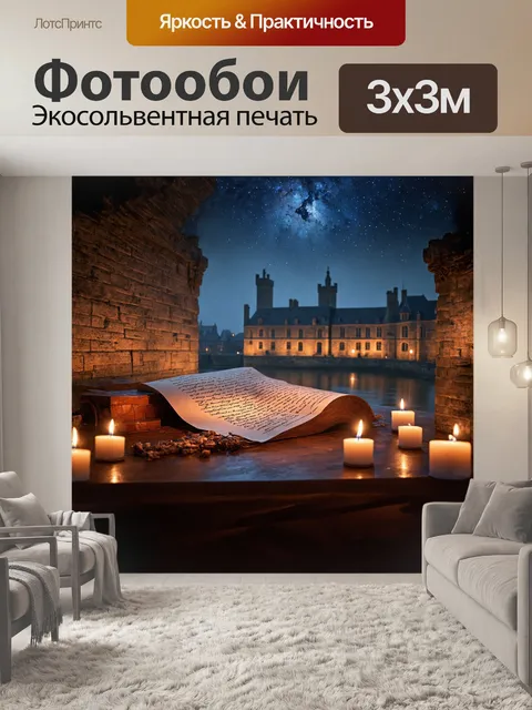 Фотообои старинный пергамент, исписанный вязью, лежит на деревянном столе с резьбой, окружённый свечами, отражающими…