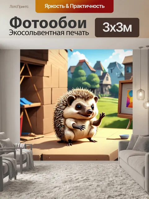 Фотообои смешная картина, где ежик пробует быть артистом, но упадает с выступа, в стиле реалистической цифровой…