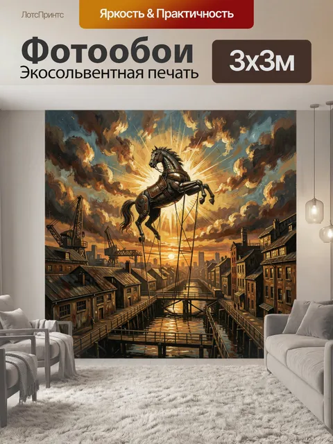 Фотообои Механический конь над городом
