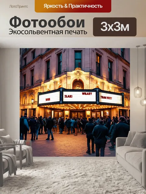 Фотообои город со старинным театром, людьми, стоящими в очереди на спектакль, освещением на фасаде