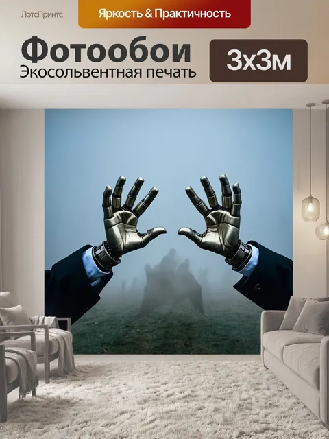 Фотообои туман в стиле стимпанк, две механические руки, тянущиеся из тумана, загадочные призывы, призрачный эффект