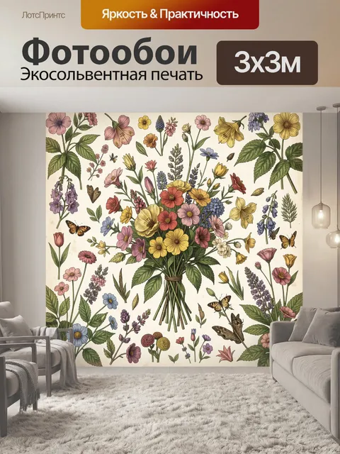 Фотообои Букет полевых цветов и бабочек