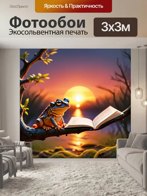 Фотообои жаба, сидящая на ветке, наблюдает за журналом сбоев в свете солнечного заката, её глаза сверкают, как…