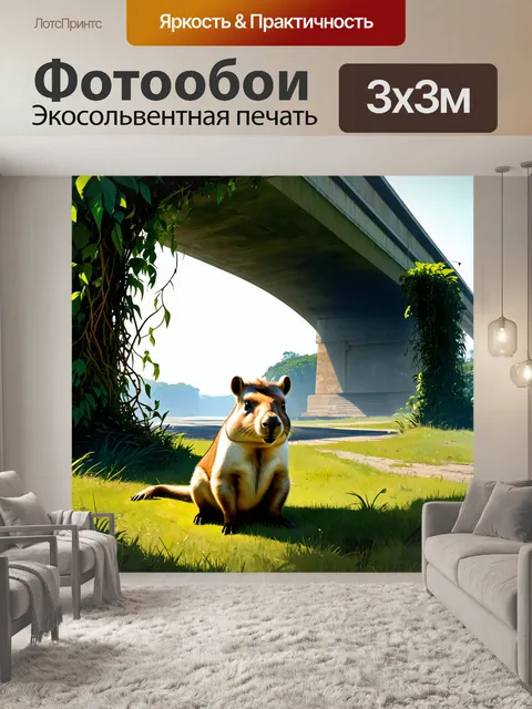 Фотообои капибара, сидящая на траве под огромным мостом, обвиваемым растениями и лианами, словно из другого времени