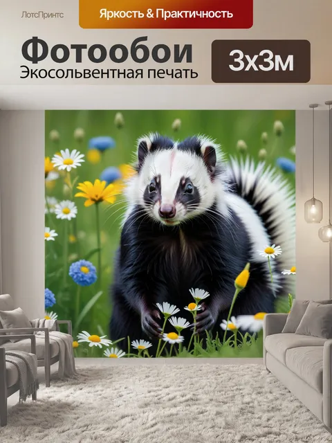 Фотообои скунс в очках собирает цветы на поляне