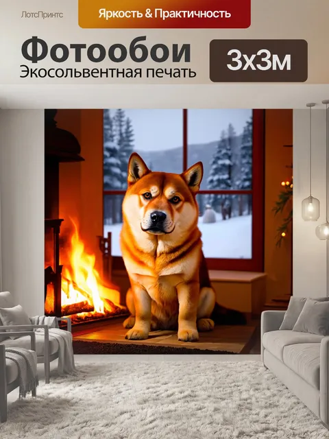 Фотообои сиба-ину, сидящая у камина в зимнем интерьере, вокруг неё снежные пейзажи за окном
