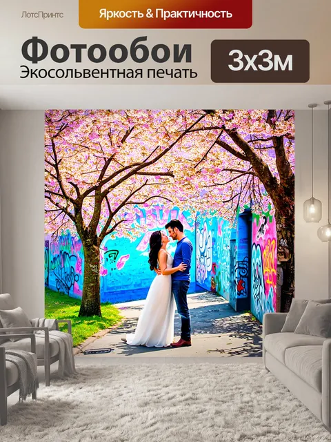Фотообои романтичный момент под цветущей сакурой: легкий ветерок развивает лепестки, создавая атмосфера волшебства