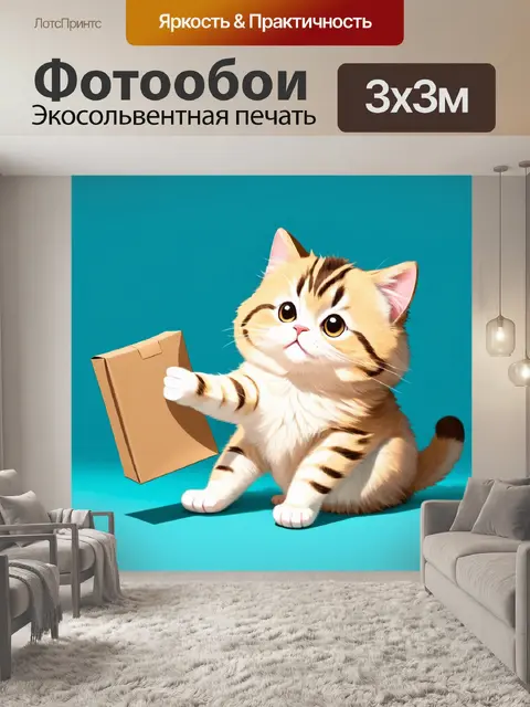 Фотообои мягкая кошка, играющая с куском пачки, которая случайно взлетела, стиль детской иллюстрации с мягкими и…