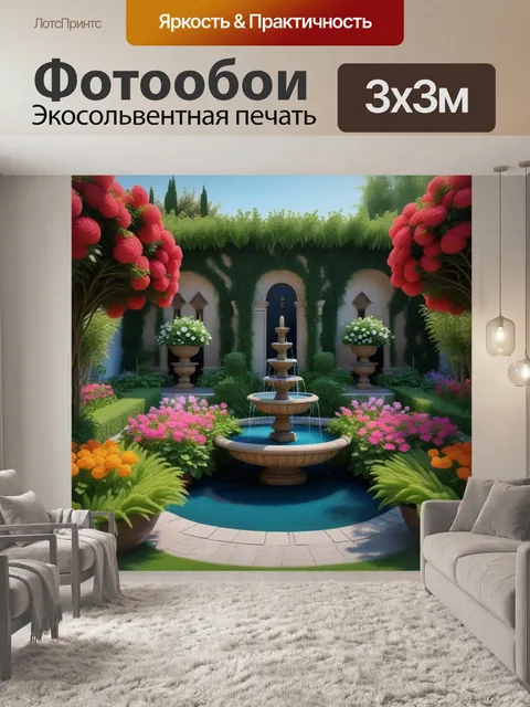 Фотообои тайный сад с цветами и фонтанами