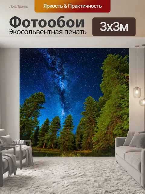 Фотообои лес с ночным небом, усеянным яркими звёздами