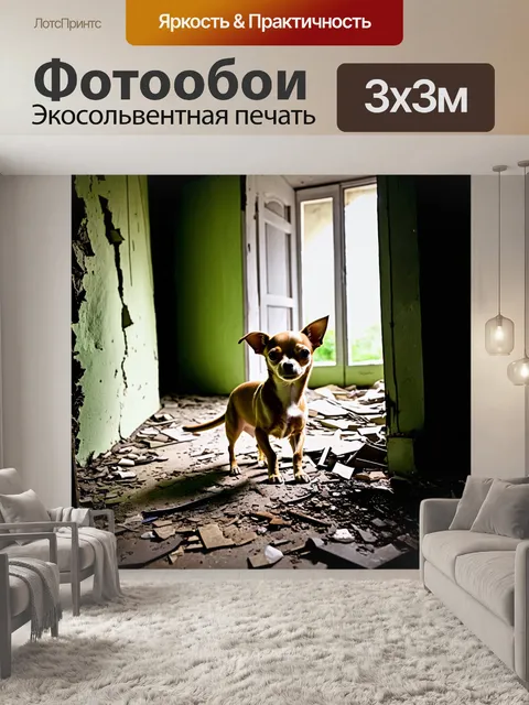 Фотообои чихуахуа, исследующий заброшенный дом, его любопытный взгляд создает ощущение приключения и открытий