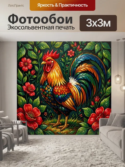Фотообои Яркий петух среди цветов