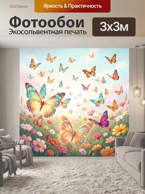 Фотообои Яркие бабочки над цветочным лугом