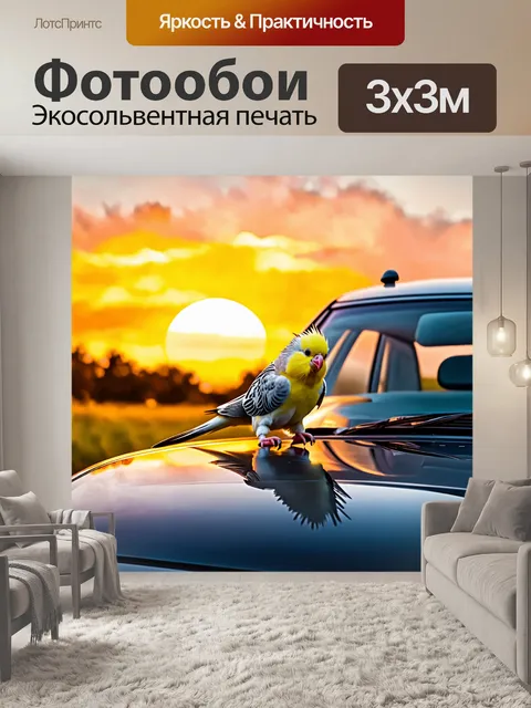 Фотообои изображение кореллы, которая исследует капот автомобиля на фоне заката, создавая волшебную атмосферу