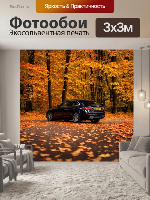 Фотообои машина на фоне леса с осенними листьями