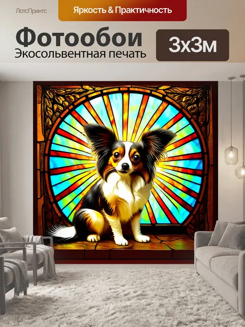 Фотообои папильон, сидящий на старинном витраже, лучи света создают красивые узоры на его шерсти