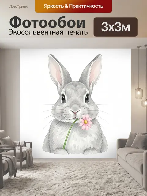 Фотообои Милый серый кролик с цветком
