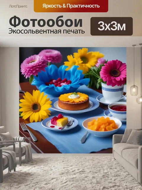 Фотообои завтрак с цветами на столе
