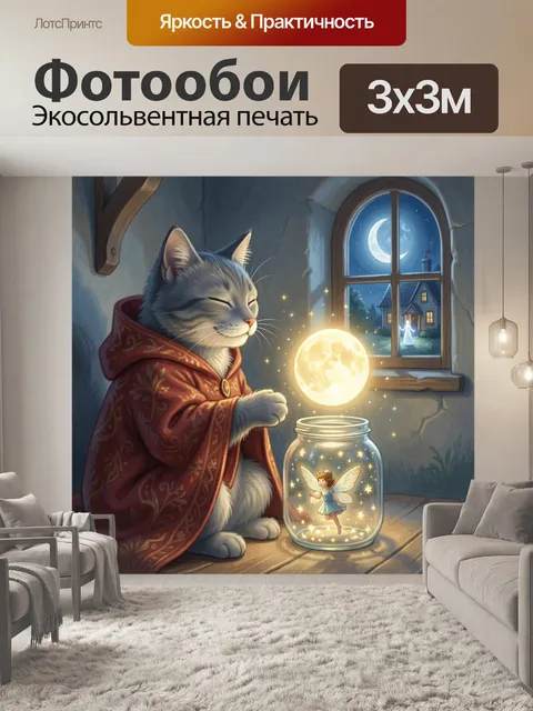 Фотообои Магический кот у лунного окна
