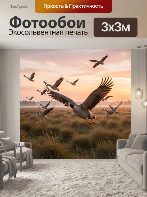 Фотообои Стая гусей над лугом